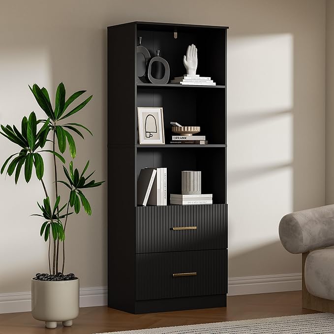 Black Bookshelf with Drawers, 63" Tall Bookshelf with Storage, 3 Shelf Modern Bookcase with Adjustable Shelf, Open Shelves Bookcase, Unique Book Shelf forHome Office, Living Room, Black