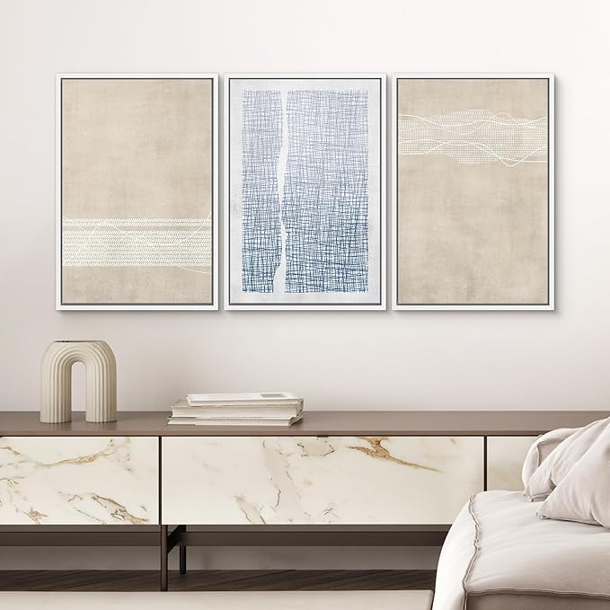 SIGNWIN Framed Canvas Print Wall Art Set Tan Blue Geometric Landscape Abstract Shapes Cozy Neutral Modern Art Decorative Boho Relax/Zen Nordic for Living Room, Bedroom, Office - 24"x36"x3 White