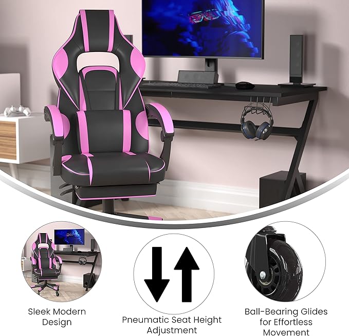 Flash Furniture X40 Gaming Chair Racing Computer Chair with Fully Reclining Back/Arms and Transparent Roller Wheels, Slide-Out Footrest, - Black/Purple