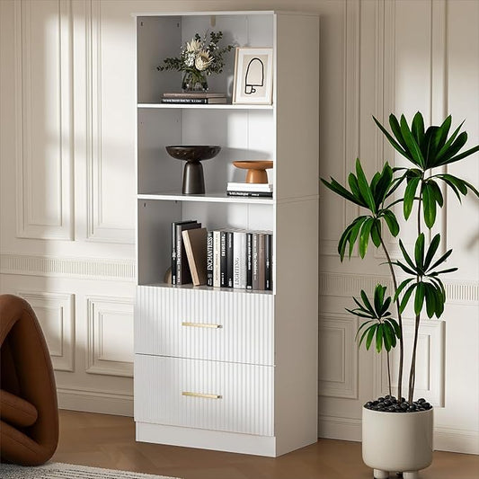 White Bookshelf with Fluted Drawers, 63" Tall Modern Bookshelf with Storage, 3 Tier Bookshelf with Adjustable Shelf, Open Shelves Bookcase, Unique Book Shelf for Home Office, White