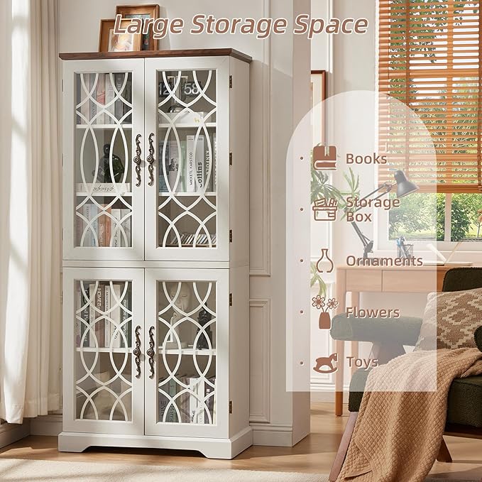 67" Tall Bookshelf, Vintage Book Shelf with Glass Doors, 5-Tier Wood Bookcase with Adjustable Storage Shelves, Freestanding Rustic Curio Display Cabinet for Living Room, Office, White，2PCS
