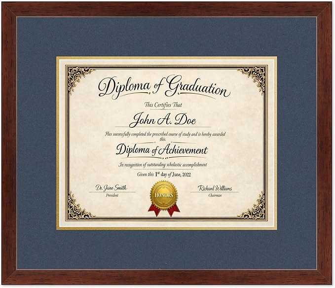 Diploma Frame Rustic Walnut with Navy Blue Over Gold Double Mat - Fits 14 x 11 College Diploma (Modern) Wall Display Made in the USA