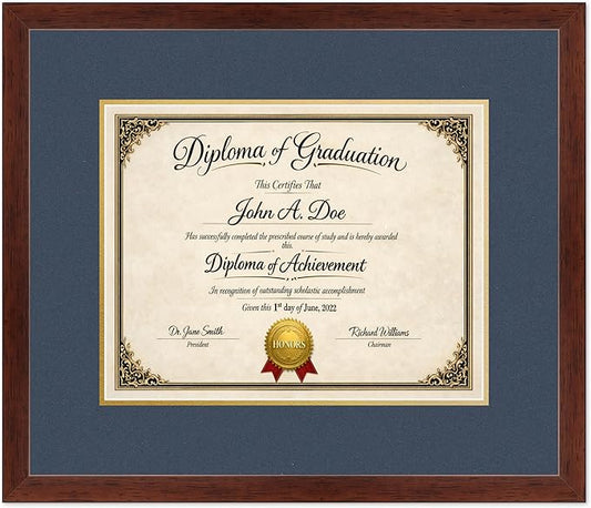 Diploma Frame Rustic Walnut with Navy Blue Over Gold Double Mat - Fits 14 x 11 College Diploma (Modern) Wall Display Made in the USA
