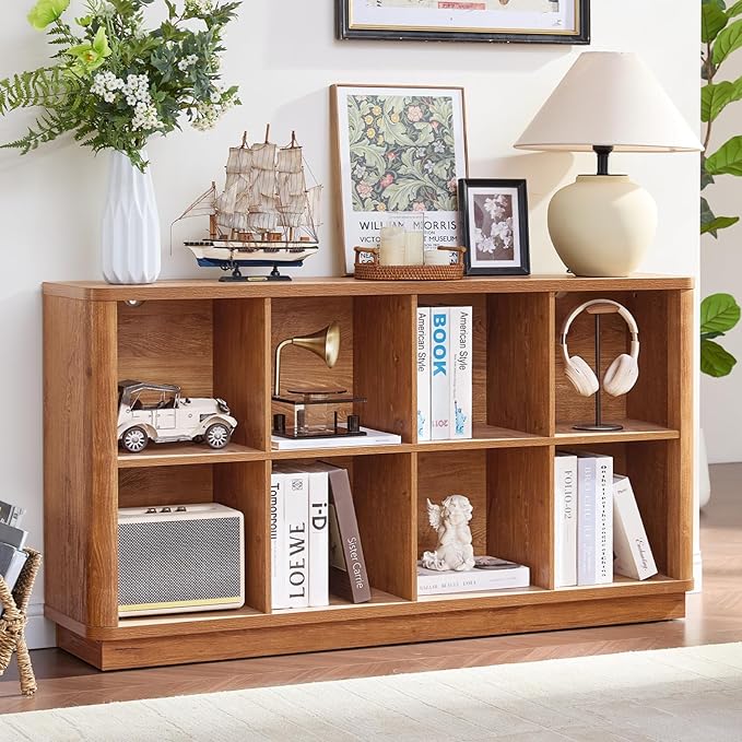 8 Cube Storage Book Shelf, 52" Long Horizontal Bookshelf with Curved Edge, Floor Standing Wooden Cubby Bookcase with Base, Modern Low Console Book Case, TV Stand for Living Room, Brown