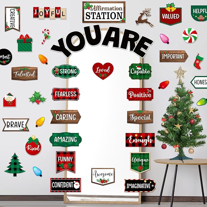 45pcs Christmas Affirmation Station Bulletin Board Set Motivational Posters Classroom Mirror Growth Mindset Decor Positive Affirmations Accents Cutouts for School Office Home Teacher Supply