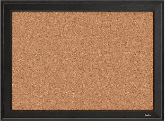 Staples Cork Bulletin Board with Black Frame, 23" x 17" Wall Mounted Bulletin Board for Home Office and School