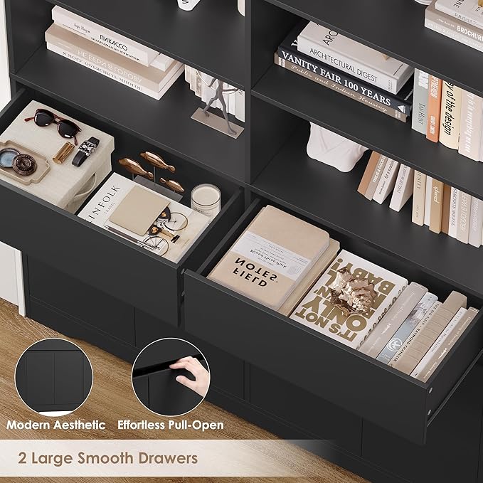 FINETONES 69" Black Bookshelf with Doors, 47.2" Double Wide Bookshelves and Bookcases with Storage, Tall Bookshelf Large Open Book Shelf Standing Book Case for Home Office, Black