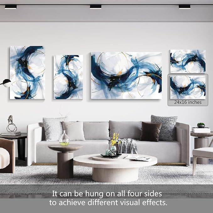 gaosoul Modern Abstract Canvas Wall Art Vibrant Blue Gold Lines Doodled on White Background Paintings Stylish Framed Minimalism Artwork Prints for Living Room Bedroom Office Decor 24x16in