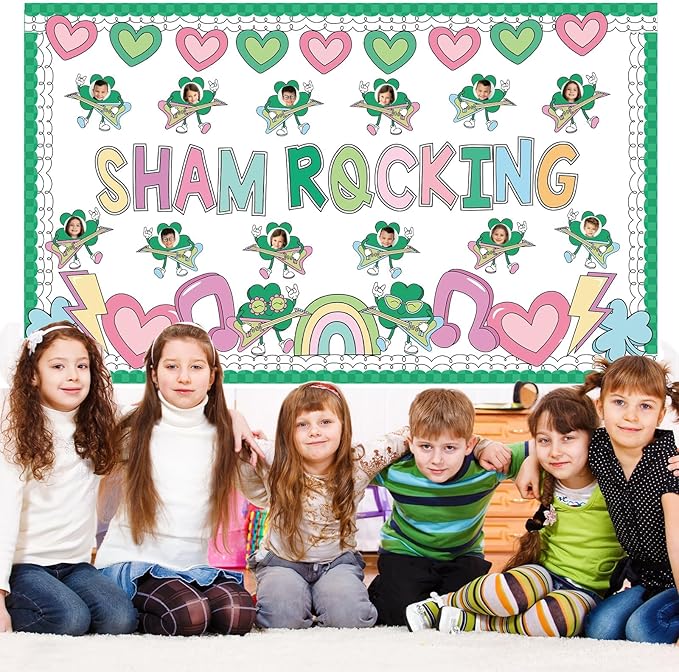 St. Patrick's Day Classroom Bulletin Board Decoration Sham Rocking Photo DIY Bulletin Board Set Lucky Shamrock Music Note Heart Cutouts for Irish Holiday Welcome School Home Wall Door Party Decor