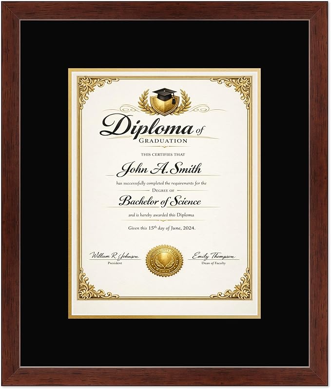 CountryArtHouse Diploma Frame Fits 10 x 13 College Diploma (Portrait Traditional) - Keepsake Graduation Dis Rustic Walnut Genuine Hardwood with Black Over Metallic Gold Double mat