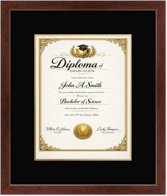 CountryArtHouse Diploma Frame Fits 10 x 13 College Diploma (Portrait Traditional) - Keepsake Graduation Dis Rustic Walnut Genuine Hardwood with Black Over Metallic Gold Double mat