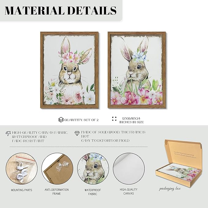 Framed Vintage Easter Wall Art Decor, Easter Bunny Picture Wall Decorations Set of 2, Spring Rustic Rabbit Poster Prints Painting for Kids Room Living Room Bedroom 16x24 Inch