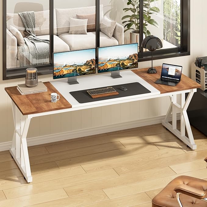 TVU Computer Desk, 63 inch Large Office Desk, Study Writing Table with Thicken Frame, Gaming Desk, Modern Simple Desk for Home Office, Brown/White