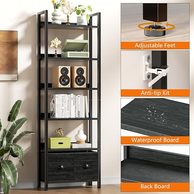 Furologee 6-Tier Bookshelf, Tall Bookcase with 2 Drawers Storage Organizer, Industrial Display Free Standing Shelf Units, Wood and Metal Storage Rack for Home Office, Bedroom, Black Oak
