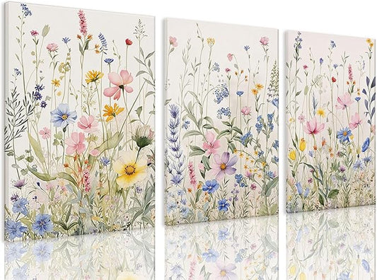 Bwodke Wildflower Wall Art Watercolor Botanical Floral Colorful Canvas Prints Set of 3 Modern Minimalist Flower Pictures Decor Painting Bedroom Bathroom Living Room Nursery 12"x16"