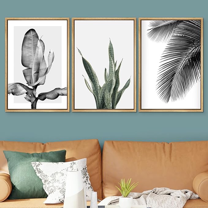 SIGNWIN Framed Canvas Print Wall Art Trio of Jungle Palms & Snake Succulents Floral Plants Photography Modern Art Minimalist Black and White for Living Room, Bedroom, Office - 24"x36"x3 Natural