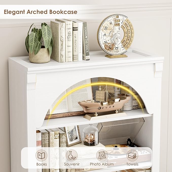 FACBOTALL 73" Tall Arched Bookcase and Bookshelf, Farmhouse Book Shelf with 6 Tiers Open Shelves, Arched Cabinet for Media CD DVD Storage, Wooden Tall Bookcase for Living Room, Home Office, White