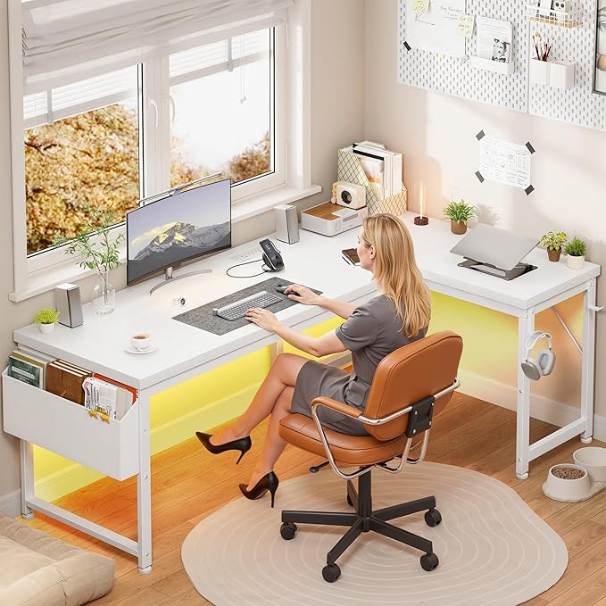63 Inch L Shaped Desk with 0.95 Inch Thicker Desktop & Storage Bag, Computer Desk with Power Outlets & Lights, Reversible Desk for Home Office, Corner Desk, Study Room, Bedroom, White