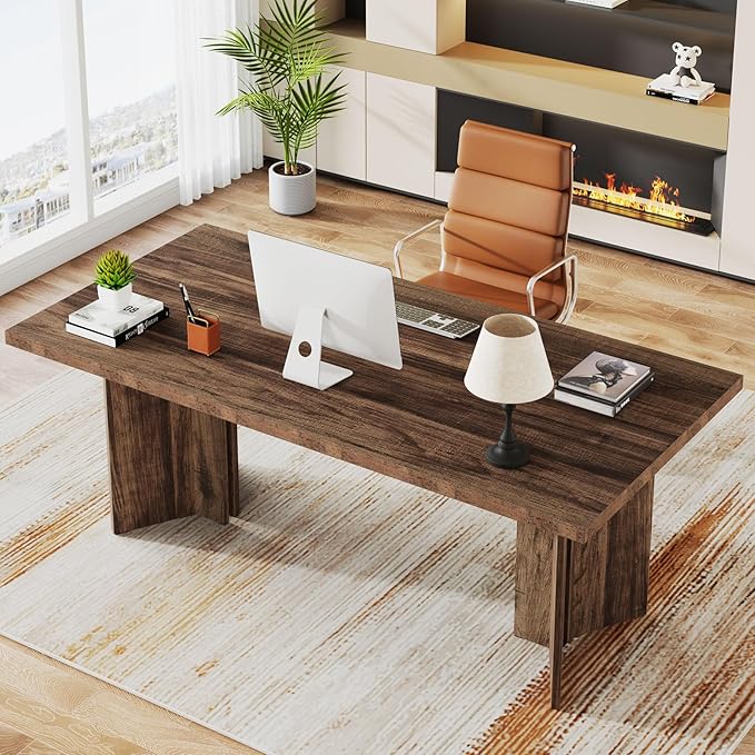 Tribesigns 63-inch Executive Desk, Vintage Office Computer Desk with Large Tabletop, Farmhouse Wood Writing Conference Table Workstation for Home Office, Study, Dark Brown