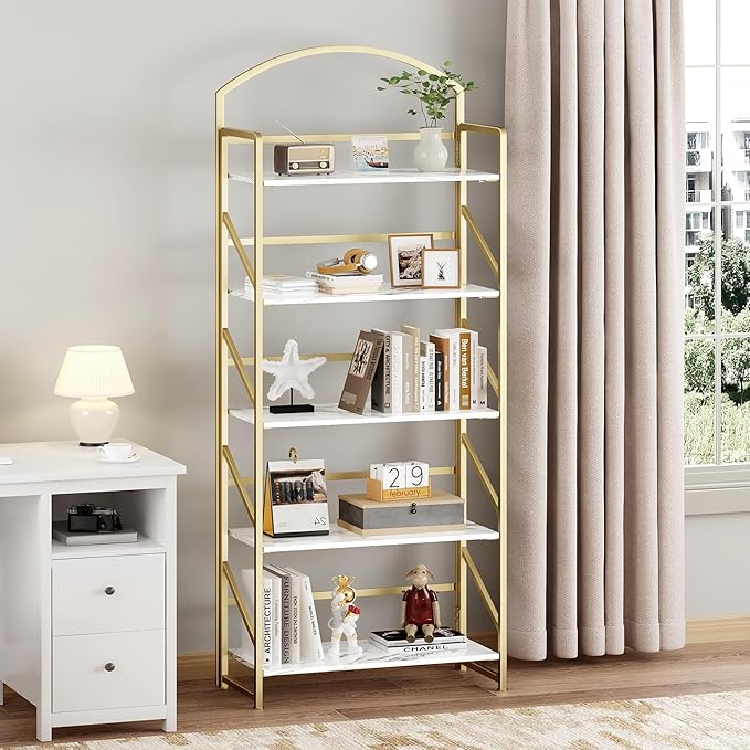 BHG Arched Bookshelf 5 Tier Shelf Storage Organizer Bookcase,No Assembly Folding Book Shelf for Living Room,Bedroom Home Office Rack Bookhelves