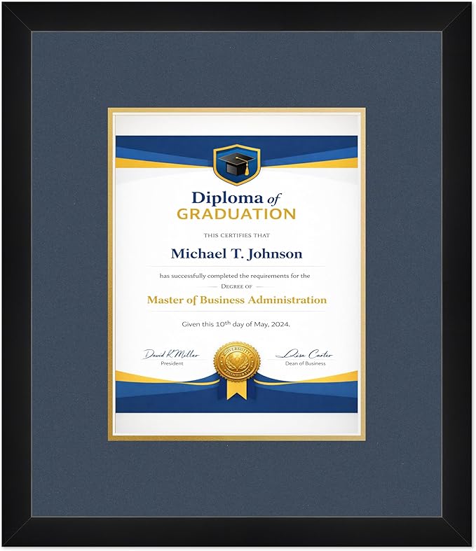 Diploma Frame Matte Black with Navy Blue Over Gold Double Mat - Fits 8.5 x 11 Certificate (Portrait) Wall Display Made in the USA