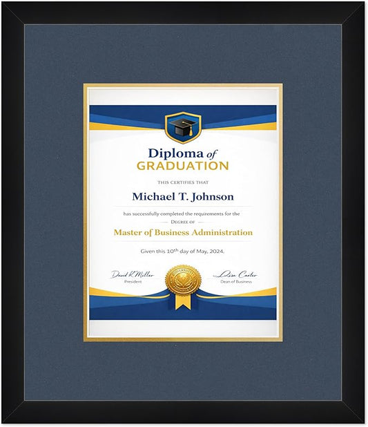 Diploma Frame Matte Black with Navy Blue Over Gold Double Mat - Fits 8.5 x 11 Certificate (Portrait) Wall Display Made in the USA