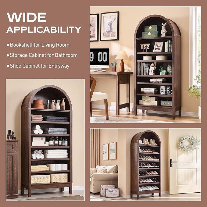 71" Tall Arched Bookshelf, 7 Tiers Arch Bookcase with Storage, Modern Farmhouse Book Shelf with Adjustable Shelves, Wood Bookshelf w/Open Display Shelves for Living Room, Office (Brown)