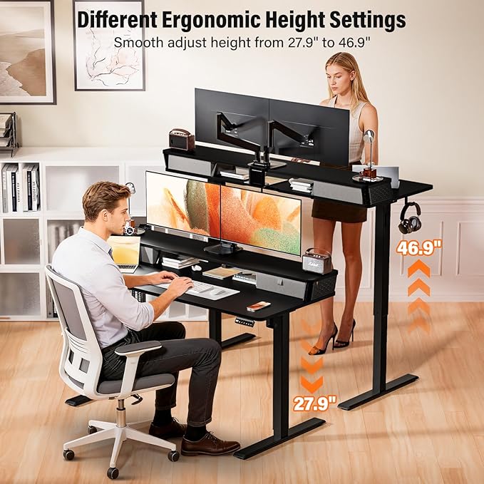 Kingant 40 x 24 Inch Small Electric Standing Desk with Dual Drawers, Height Adjustable Sit to Stand Computer Desk with Storage Shelf and C-Clamp Mount Compatibility for Home Office, Black
