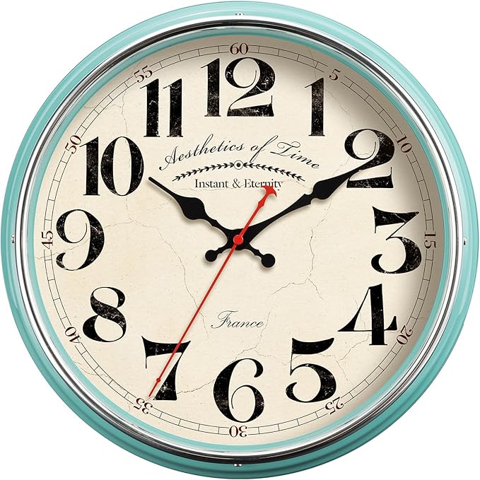 Countryside Wall Clock Metal 12.4" Vintage Retro Wall Clocks Silent Non Ticking Easy to Read for Living Room, Kitchen, Bedroom, Office, Bar(12.4" Turquoise)