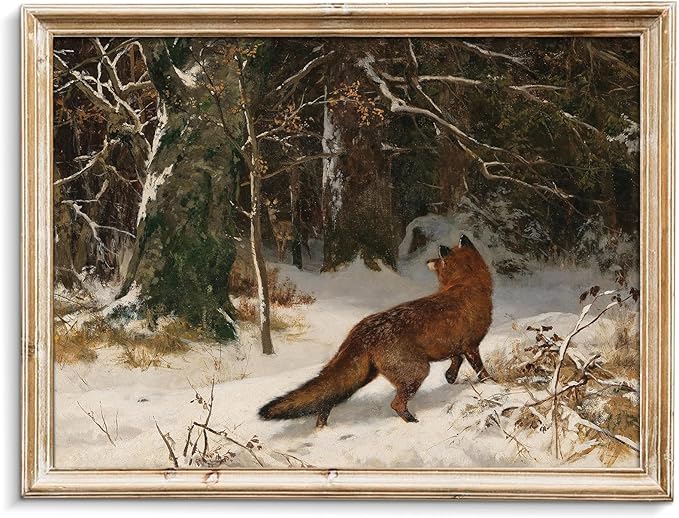 uniro Vintage Wall Art Prints - Vintage Landscape Oil Painting, Antique Fox in Winter Christmas Wall Decor - Farmhouse Canvas Wall Art Decor - Retro winter Landscape Watercolor Animal Picture Aesthetic for Bedroom Bathroom Living Room Christmas Holiday...