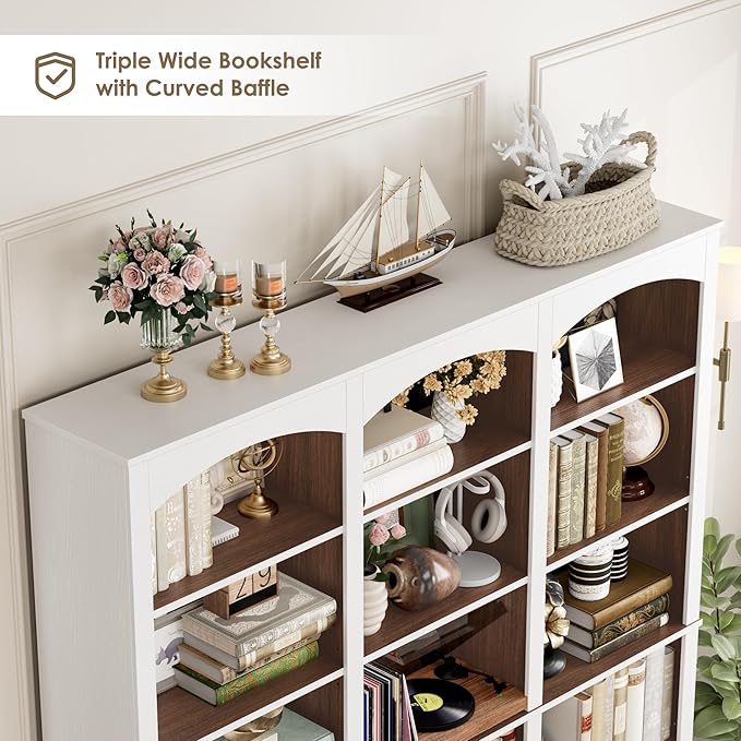 FACBOTALL 71" Triple Wide Bookshelf, 6 Tier Tall Bookshelf, Large Bookcase with Curved Baffle, 63.4" Wide Book Shelf with 18 Open Display Shelves for Living Room, Study, Walnut and White
