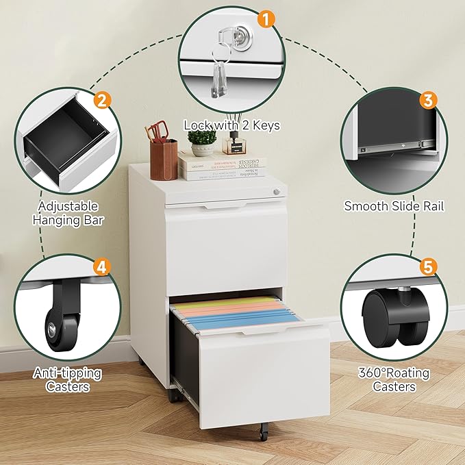 2 Drawer Metal Rolling File Cabinet with Lock, Under Desk Mobile Filing Cabinet for Home Office, Printer Stand with Casters Fits A4/Letter/Legal Size Documents, White