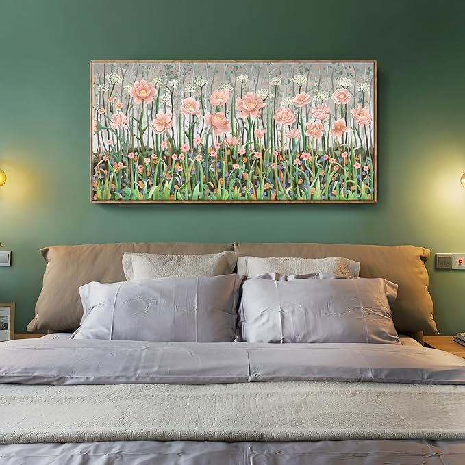 amatop Extra Large Modern Floral Wall Art: Framed Abstract Botanical Print in Pink & Green, Ready-to-Hang for Living Room, Bedroom, Office Decor (48x24 in)
