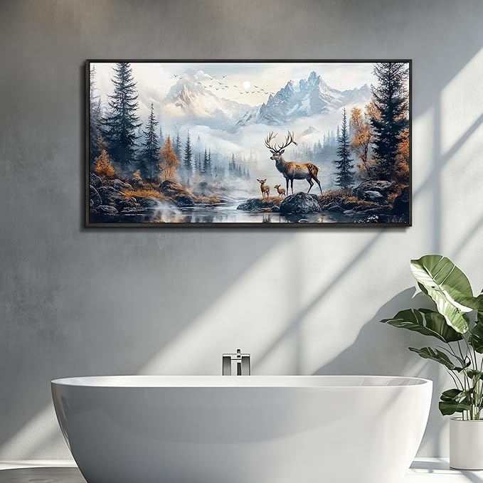KELIYUAN Canvas Wall Art For Living Room Black Framed Wall Decor For Bedroom Office Prints Pictures Elk Foggy Mountain Landscape Painting Scenery Stretched and Framed Wall Art Home decor 20"X40"
