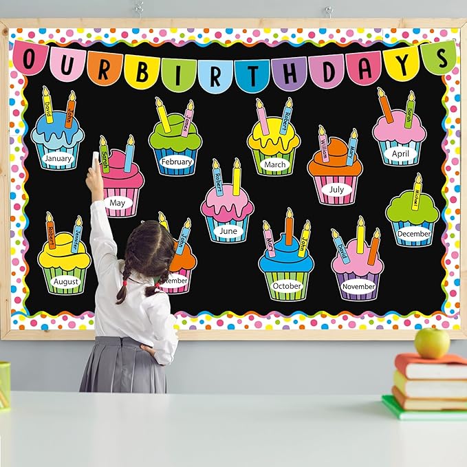 Birthday Bulletin Board Classroom Decorations Colorful Cupcake Cutouts Colorful Candle Name Tags Decoration for Wall Chalkboard Preschool Classroom Decor Teacher Back to School Supplies