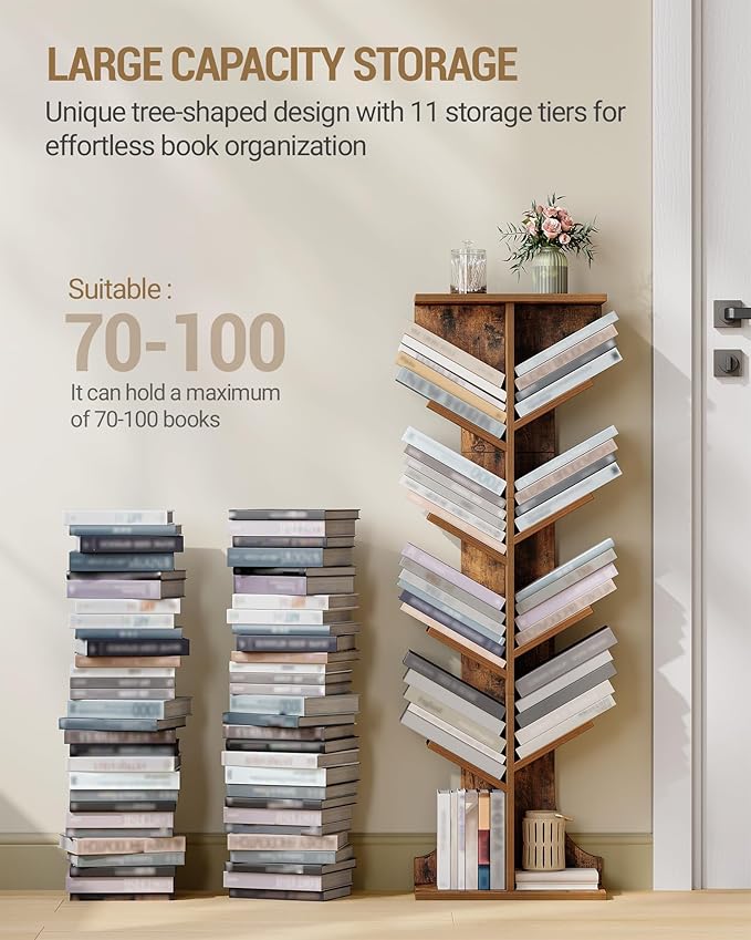 Tree Bookshelf, 11 Tier Narrow Bookcase, Display Shelf, Book Organizer, Small Floor Standing Book Shelf for Bedroom, Living Room, Home Office, Rustic Brown BC01601X