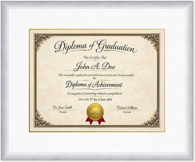 Diploma Frame Stainless Silver with Oyster Shell Over Gold Double Mat - Fits 17 x 13 International Diploma Wall Display Made in the USA