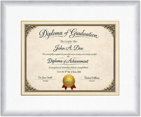 Diploma Frame Stainless Silver with Oyster Shell Over Gold Double Mat - Fits 17 x 13 International Diploma Wall Display Made in the USA