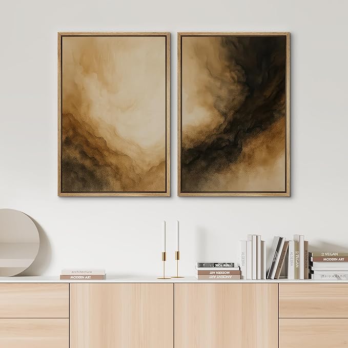 SIGNWIN Framed Canvas Print Wall Art Set Golden Brown Abstract Cloudscape Dramatic Modern Landscape Illustrations Modern Art Decorative Multicolor for Living Room, Bedroom, Office - 24"x36"x2 Natural
