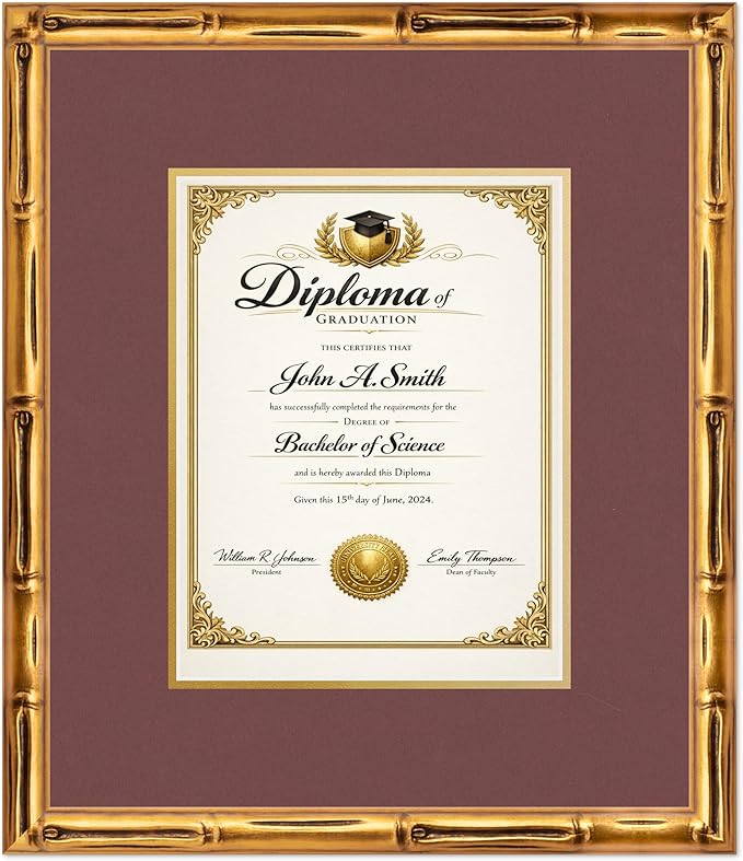 CountryArtHouse Diploma Frame Fits 8.5 x 11 Certificate (Portrait) - Keepsake Graduation Display Gold Bamboo Genuine Hardwood with Dark Red Over Metallic Gold Double mat