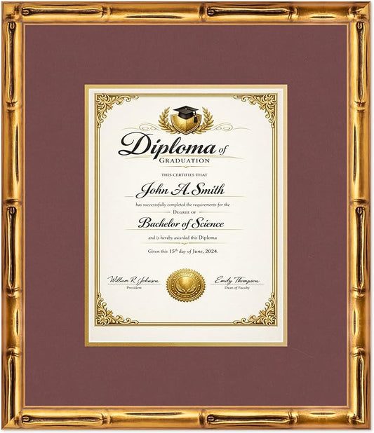CountryArtHouse Diploma Frame Fits 8.5 x 11 Certificate (Portrait) - Keepsake Graduation Display Gold Bamboo Genuine Hardwood with Dark Red Over Metallic Gold Double mat