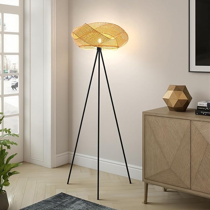 Bamboo Tripod Floor Lamp, Handwoven Lotus Shade Standing Lamp, Boho Natural Woven Light with Black Metal Stand for Living Room Bedroom,Nature