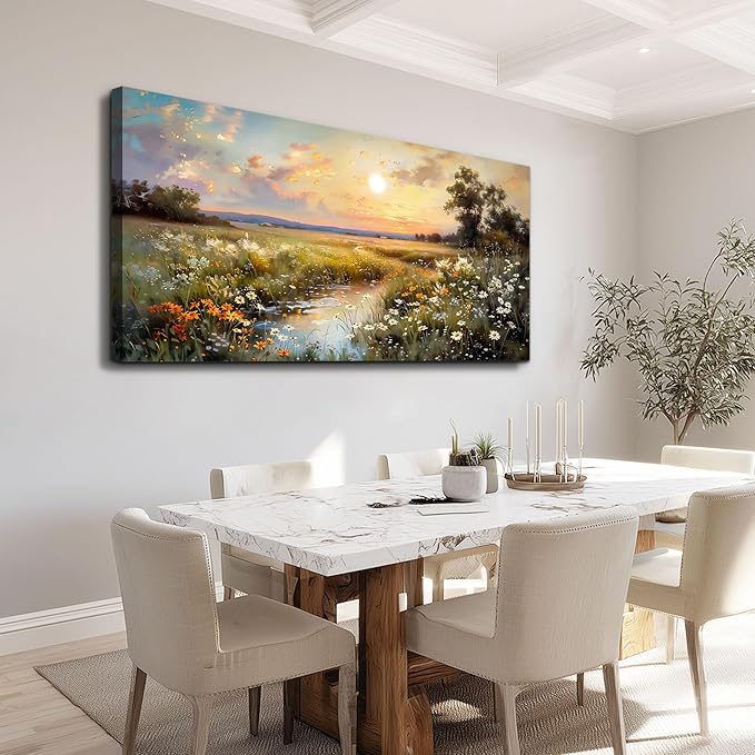 hyidecorart Vintage Farmhouse Wildflower Wall Paintings Canvas Wall Art for Living Room Wall Decor for Bedroom Office Decorations Nature Landscape Picture Artwork Aesthetic Home Decor Ready To Hang