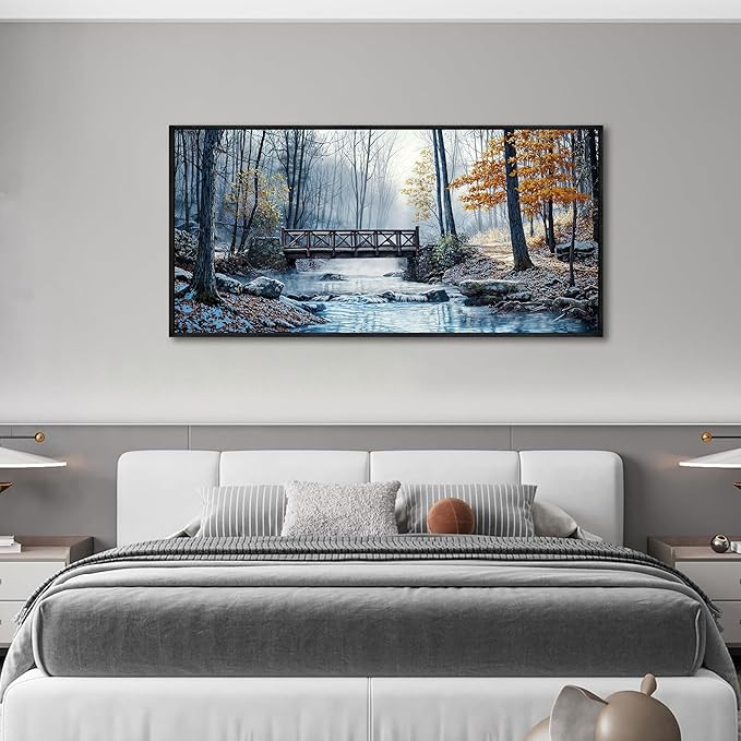 yiijeah Living Room Wall Art - Modern Wall Decor for Bedroom Office Decor Mountain Forest Landscapes Village Bridge Painting Framed Canvas Prints Ready to Hang Pictures Home Decor