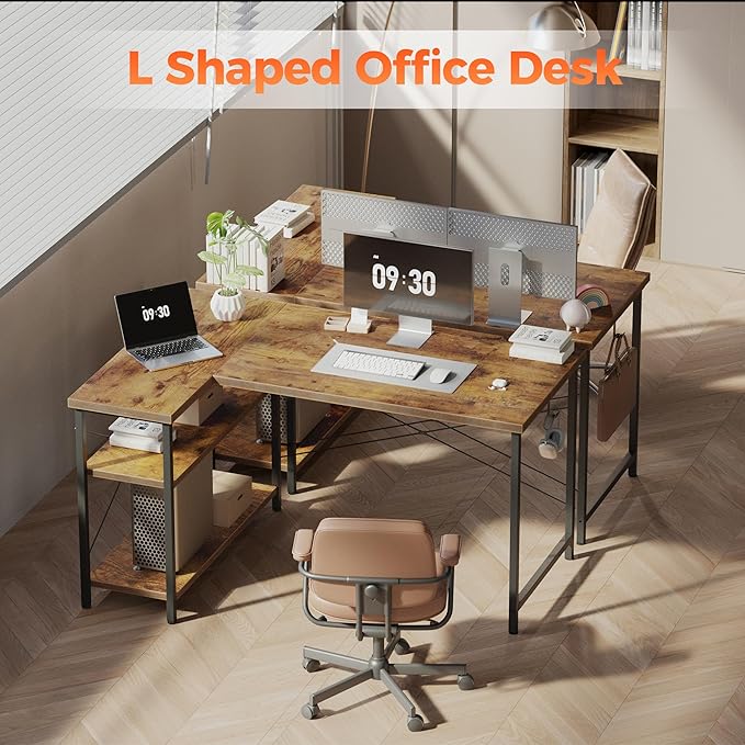 Mericonia Small L Shaped Computer Desk, Reversible Gaming Desk with Storage Shelves, Corner Gamer Desk Table, Study Writing Table