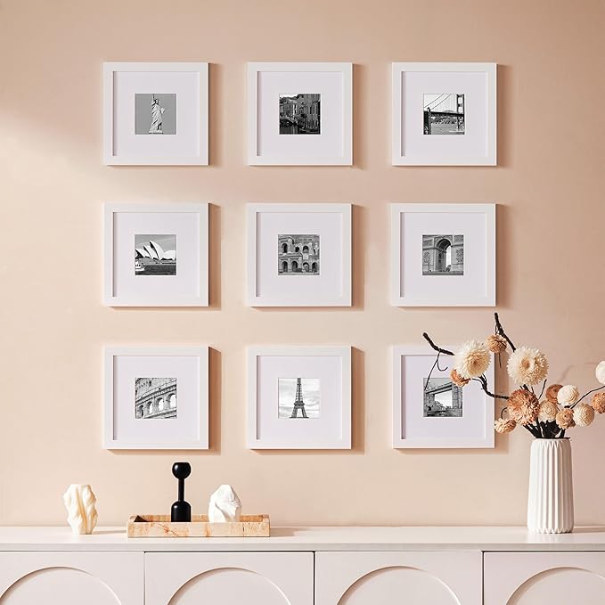eletecpro 8x8 Picture Frames Set of 9 with Mat for 4x4 Photos or without Mat for 8x8, Square Gallery Wall Decor Collage for Picture Display, White Frame Set for Wall Hanging