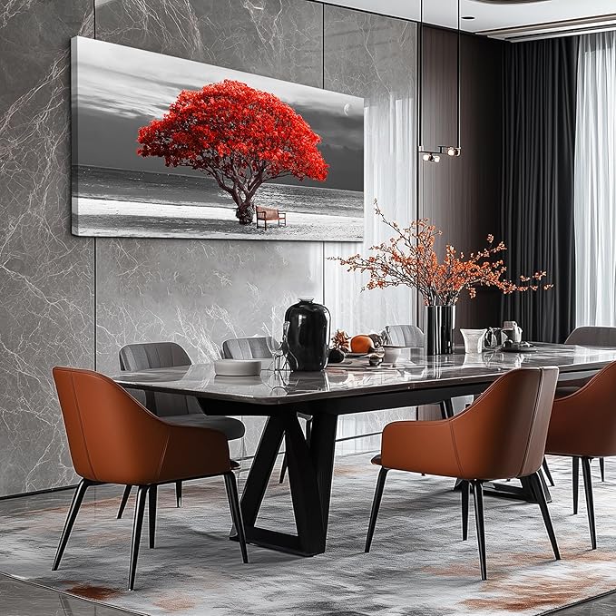 wall art for living room Decorations Photo Prints - panoramic black and white with red trees The moon Landscape - Modern Home Decor The room Stretched and Framed Ready to Hang artwork 30x60inches