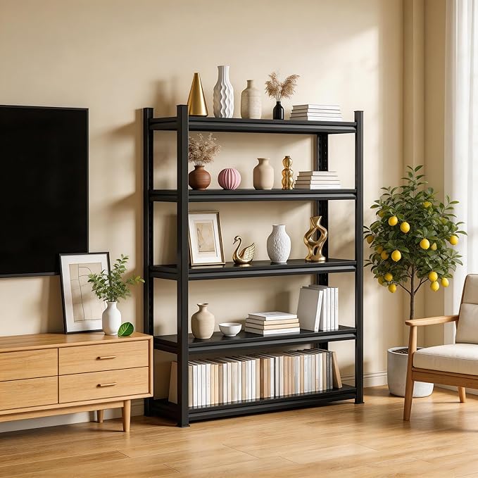36" W*72" H Book Shelf，5 Tier Metal Wide Bookshelf，Heavy Duty Book Shelfs，Adjustable Shelving Unit，Tall Bookcase，Industrial Bookshelf for Living Room，Bedroom，Office and Library
