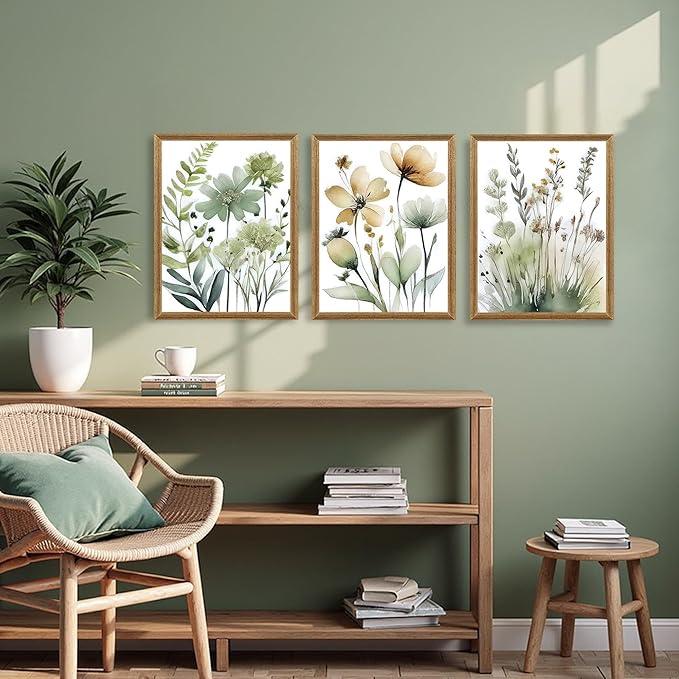 SYWENNOI Wood Framed Green Botanical Canvas Wall Art, Boho Floral Watercolor Art Wall Decor, Minimalist Flower Pictures Poster Prints for Bedroom Bathroom Living Room Ready to Hang 12x16 Inches