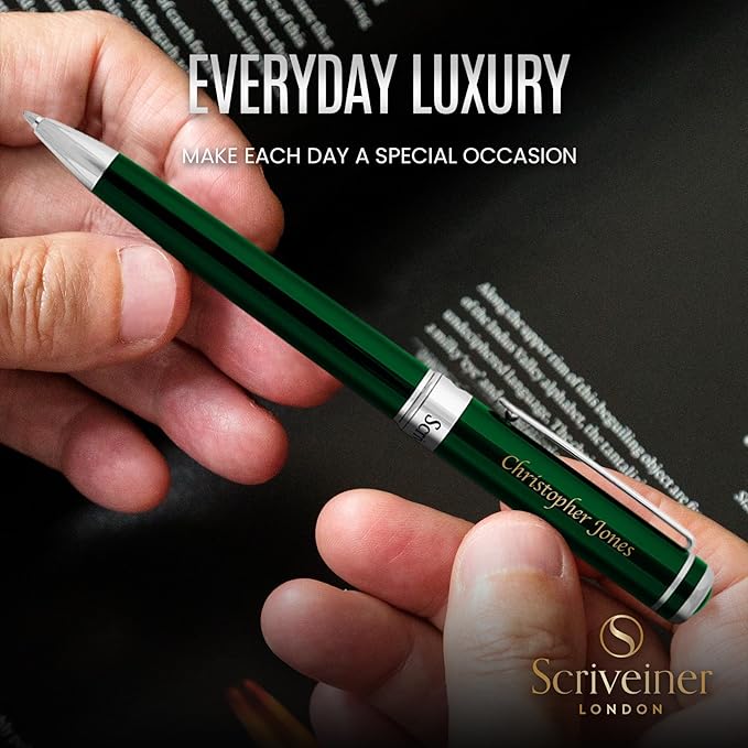 Scriveiner Personalized British Racing Green Ballpoint Pen - Stunning Green Lacquer Luxury Pen with Chrome Finish, Schmidt Ink Refill, Engraved Ball Point Gift Set for Men & Women, Custom Engraving